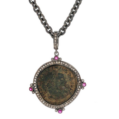 1884 "Licinio I Period 308-324 A.D." Original Bronze Roman Coin Sterling Silver Pendant with Diamond  Ruby Halo Necklace
