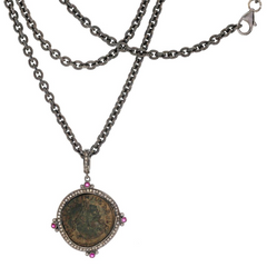 1884 "Licinio I Period 308-324 A.D." Original Bronze Roman Coin Sterling Silver Pendant with Diamond  Ruby Halo Necklace