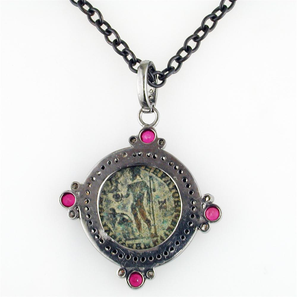 1884 "Licinio I Period 308-324 A.D." Original Bronze Roman Coin Sterling Silver Pendant with Diamond  Ruby Halo Necklace