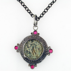 1884 "Licinio I Period 308-324 A.D." Original Bronze Roman Coin Sterling Silver Pendant with Diamond  Ruby Halo Necklace