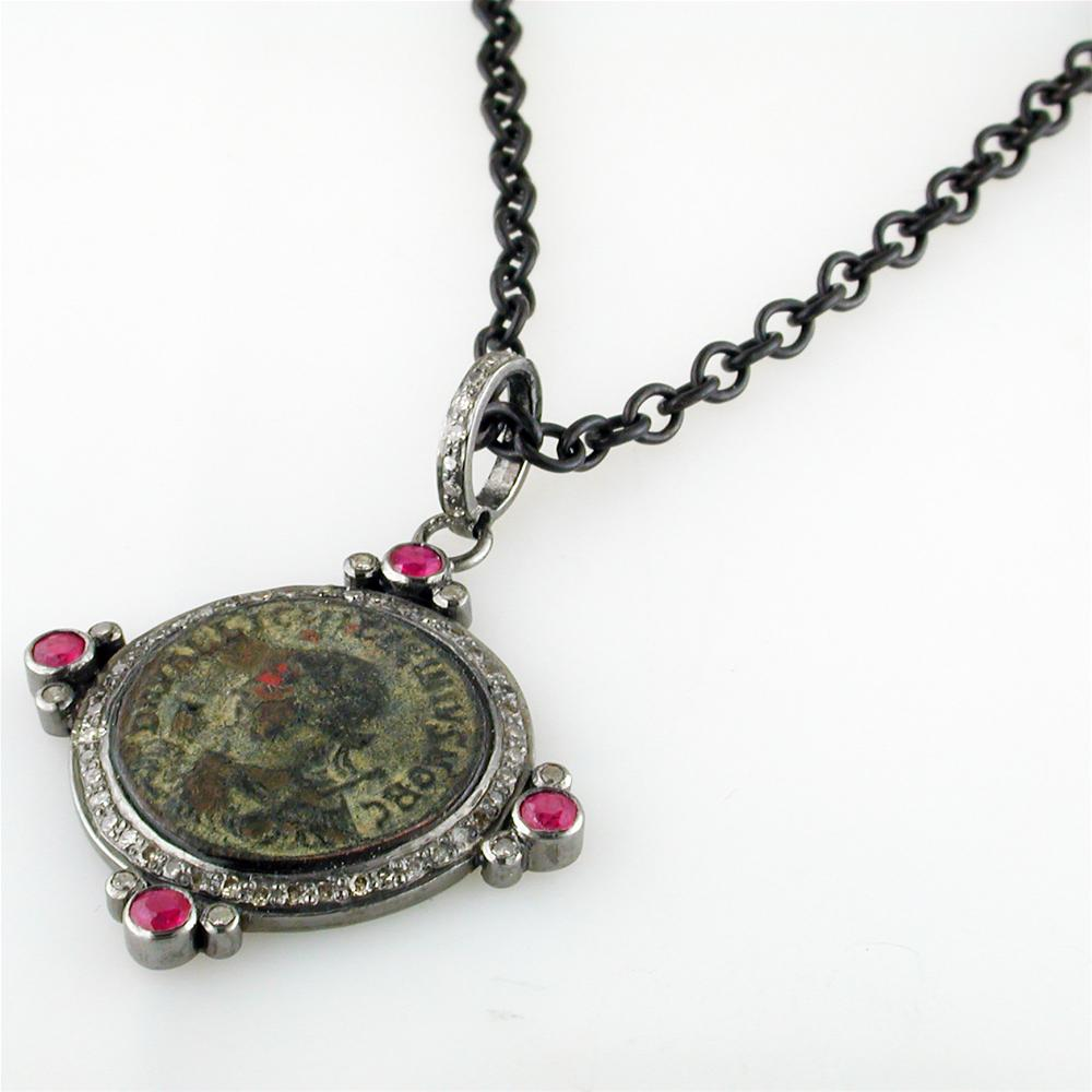1884 "Licinio I Period 308-324 A.D." Original Bronze Roman Coin Sterling Silver Pendant with Diamond  Ruby Halo Necklace