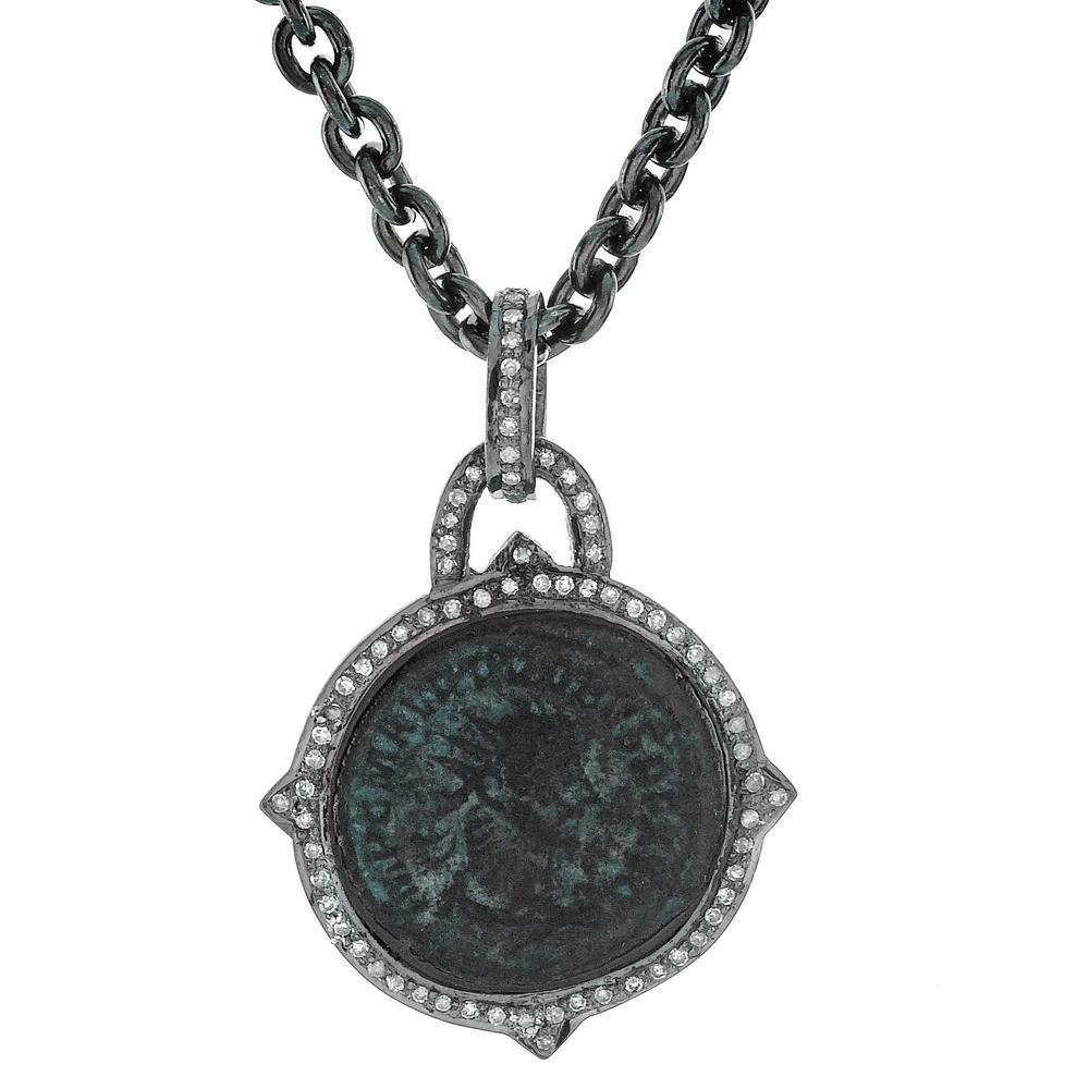 1884 "Probo Period 276-282 A.D." Original Bronze Roman Coin Sterling Silver Pendant with Diamond Halo Necklace 36"