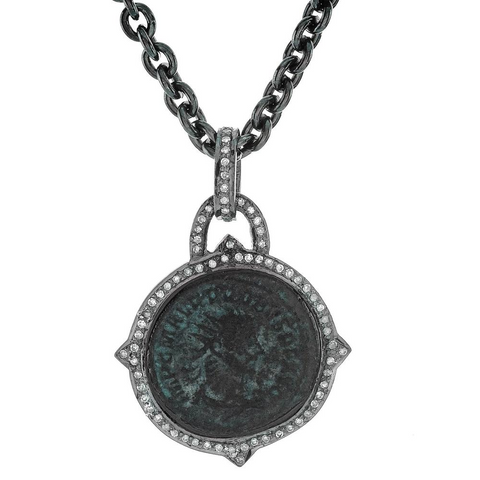 1884 "Probo Period 276-282 A.D." Original Bronze Roman Coin Sterling Silver Pendant with Diamond Halo Necklace 36"