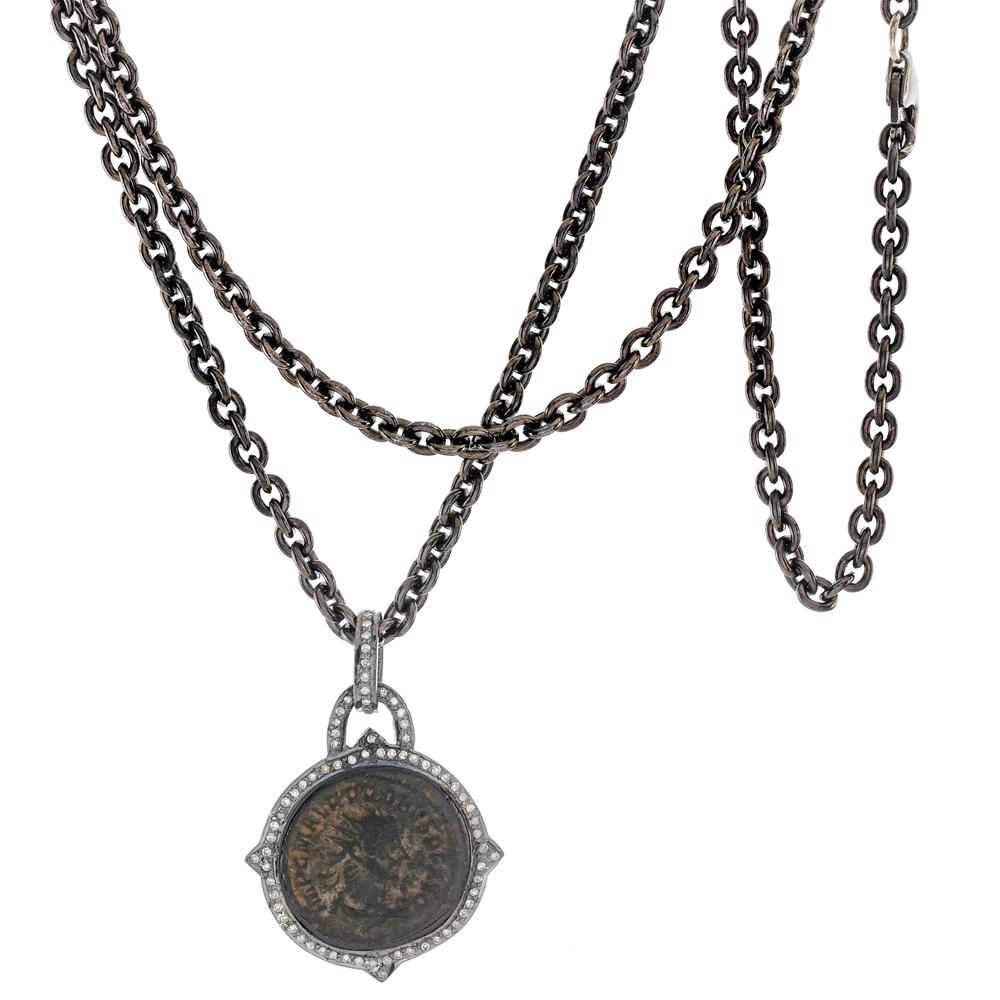 1884 "Probo Period 276-282 A.D." Original Bronze Roman Coin Sterling Silver Pendant with Diamond Halo Necklace 36"