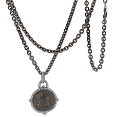 1884 "Probo Period 276-282 A.D." Original Bronze Roman Coin Sterling Silver Pendant with Diamond Halo Necklace 36"