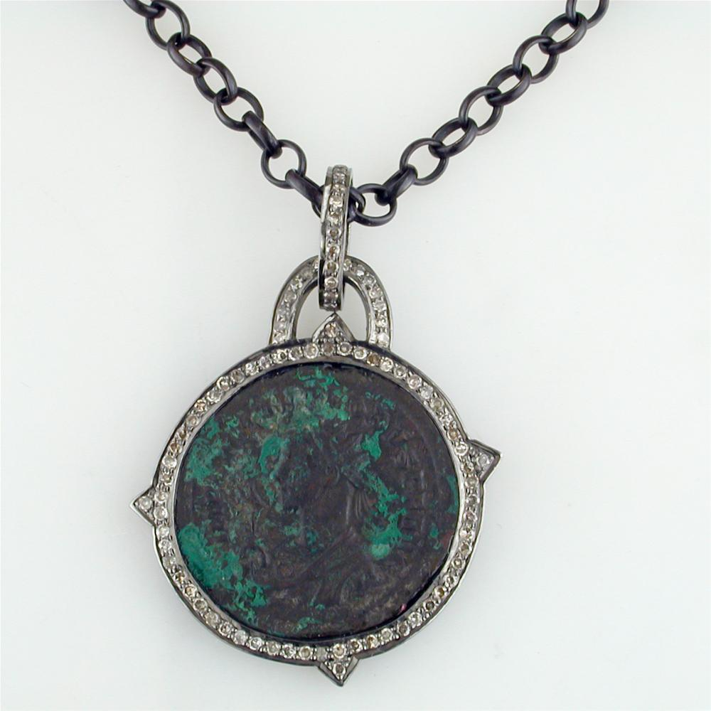 1884 "Probo Period 276-282 A.D." Original Bronze Roman Coin Sterling Silver Pendant with Diamond Halo Necklace 36"