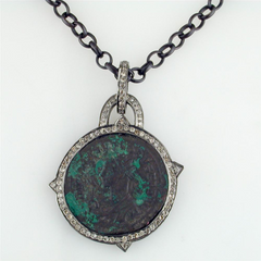 1884 "Probo Period 276-282 A.D." Original Bronze Roman Coin Sterling Silver Pendant with Diamond Halo Necklace 36"