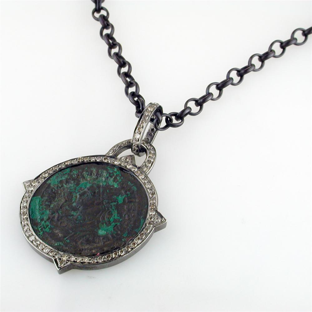 1884 "Probo Period 276-282 A.D." Original Bronze Roman Coin Sterling Silver Pendant with Diamond Halo Necklace 36"