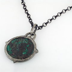 1884 "Probo Period 276-282 A.D." Original Bronze Roman Coin Sterling Silver Pendant with Diamond Halo Necklace 36"