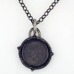 1884 "Probo Period 276-282 A.D." Original Bronze Roman Coin Sterling Silver Pendant with Diamond Halo Necklace 36"