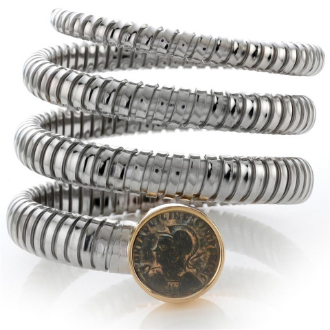 1884 "Teodosio Period 379-395 A.D." Bronze Coin in Yellow Gold  Silver Tubogas Coil Bracelet