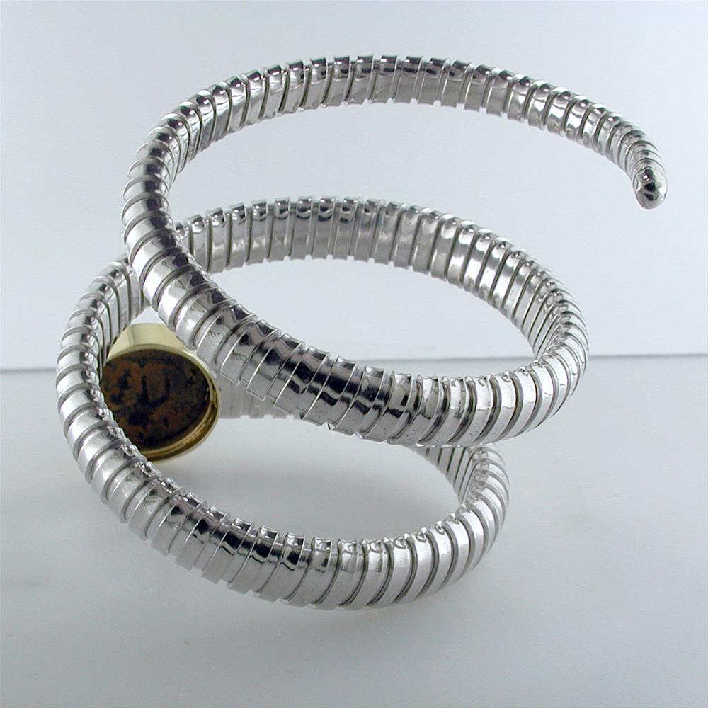 1884 "Teodosio Period 379-395 A.D." Bronze Coin in Yellow Gold  Silver Tubogas Coil Bracelet