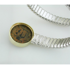 1884 "Teodosio Period 379-395 A.D." Bronze Coin in Yellow Gold  Silver Tubogas Coil Bracelet