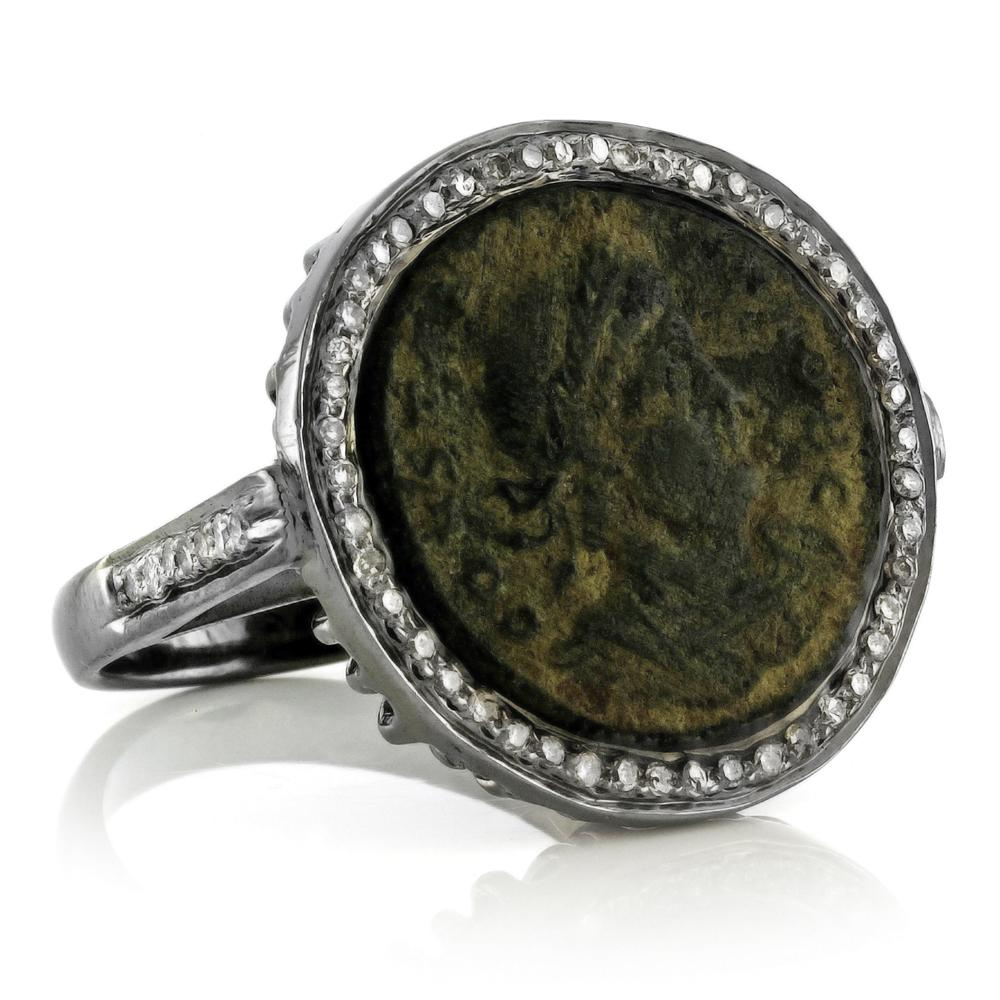 1884 "Settimo Severo Period 201-210 A.D." Roman Empire Bronze Coin Sterling Silver Diamond Halo Ring