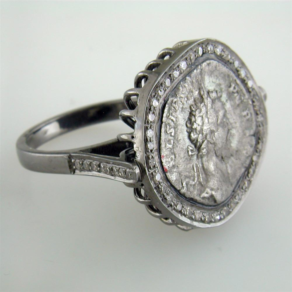 1884 "Settimo Severo Period 201-210 A.D." Roman Empire Bronze Coin Sterling Silver Diamond Halo Ring