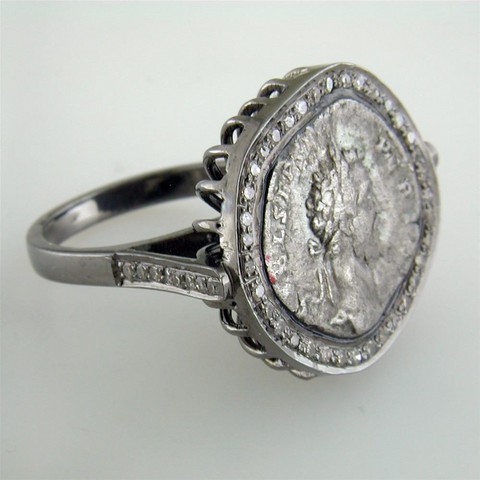 1884 "Settimo Severo Period 201-210 A.D." Roman Empire Bronze Coin Sterling Silver Diamond Halo Ring