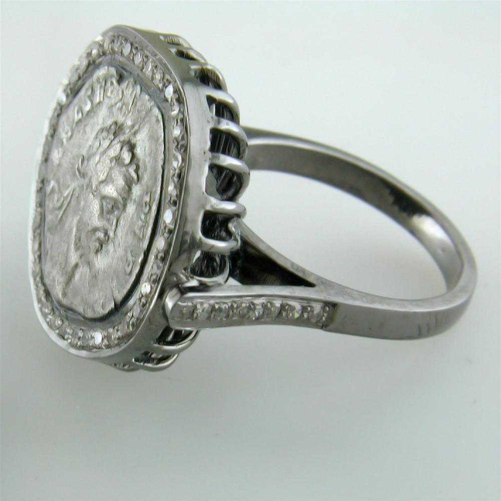 1884 "Settimo Severo Period 201-210 A.D." Roman Empire Bronze Coin Sterling Silver Diamond Halo Ring