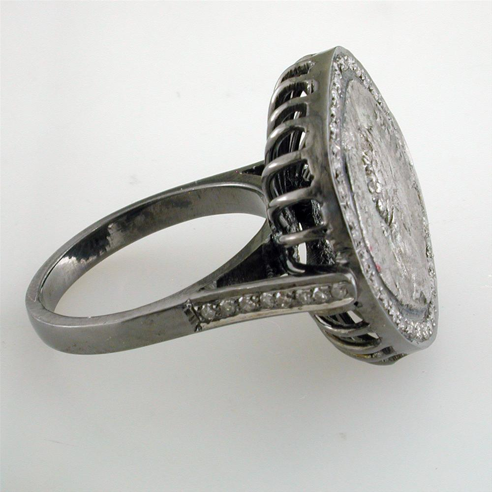 1884 "Settimo Severo Period 201-210 A.D." Roman Empire Bronze Coin Sterling Silver Diamond Halo Ring