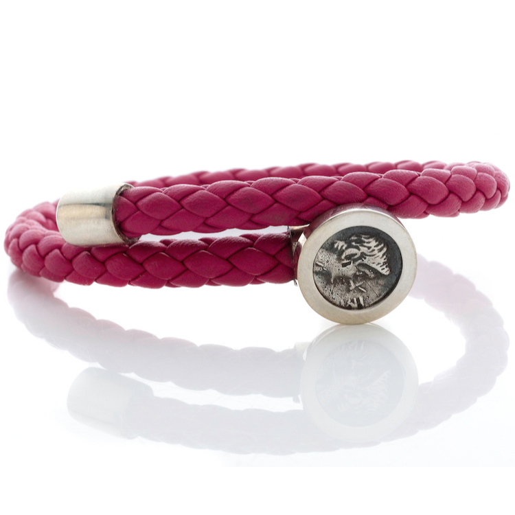 1884 Trevi Ottaviano Roman Coin Pink Leather Sterling Silver Bracelet