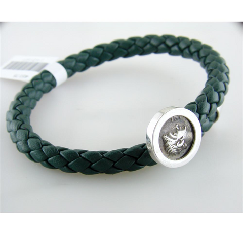 1884 Trevi Ottaviano Roman Coin Green Leather Sterling Silver Bracelet