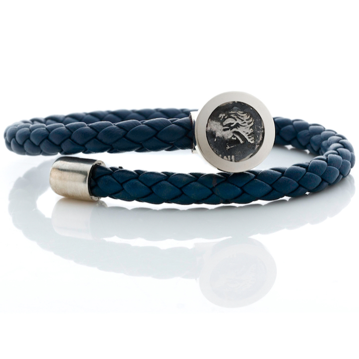 1884 Trevi Ottaviano Roman Coin Navy Blue Leather Sterling Silver Bracelet