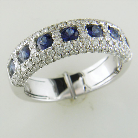 Seven Sapphire & Pave Diamond Wedding Band Ring 18K