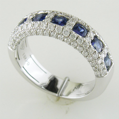 Seven Sapphire & Pave Diamond Wedding Band Ring 18K