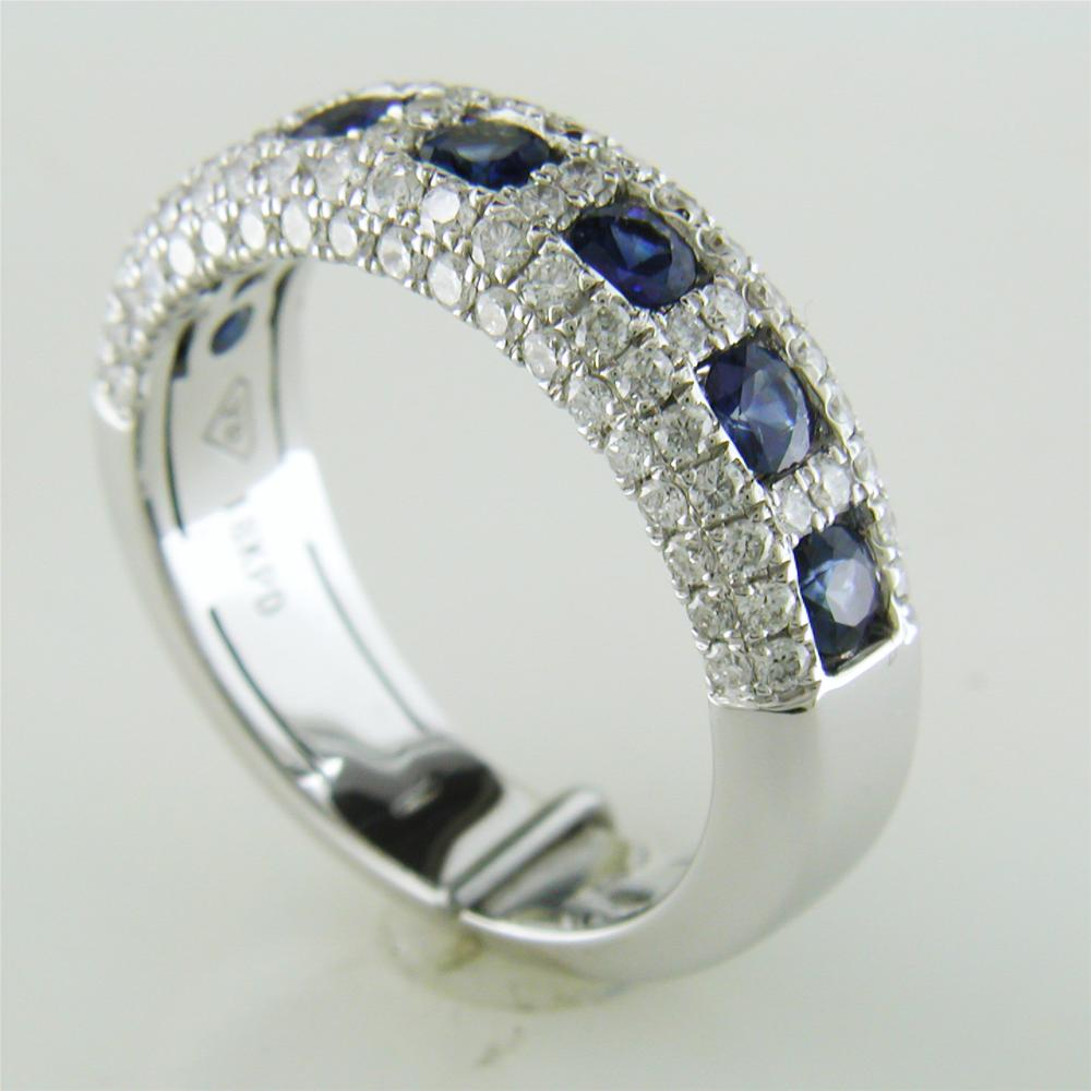 Seven Sapphire & Pave Diamond Wedding Band Ring 18K