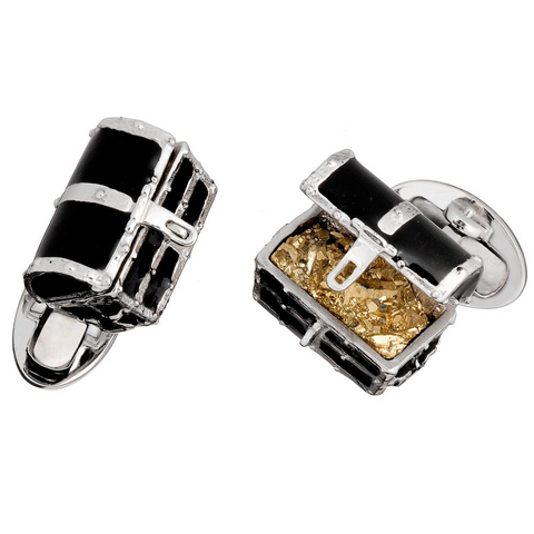 Jan Leslie Black Treasure Chest Cufflinks with Pyrite in Enameled Sterling Silver