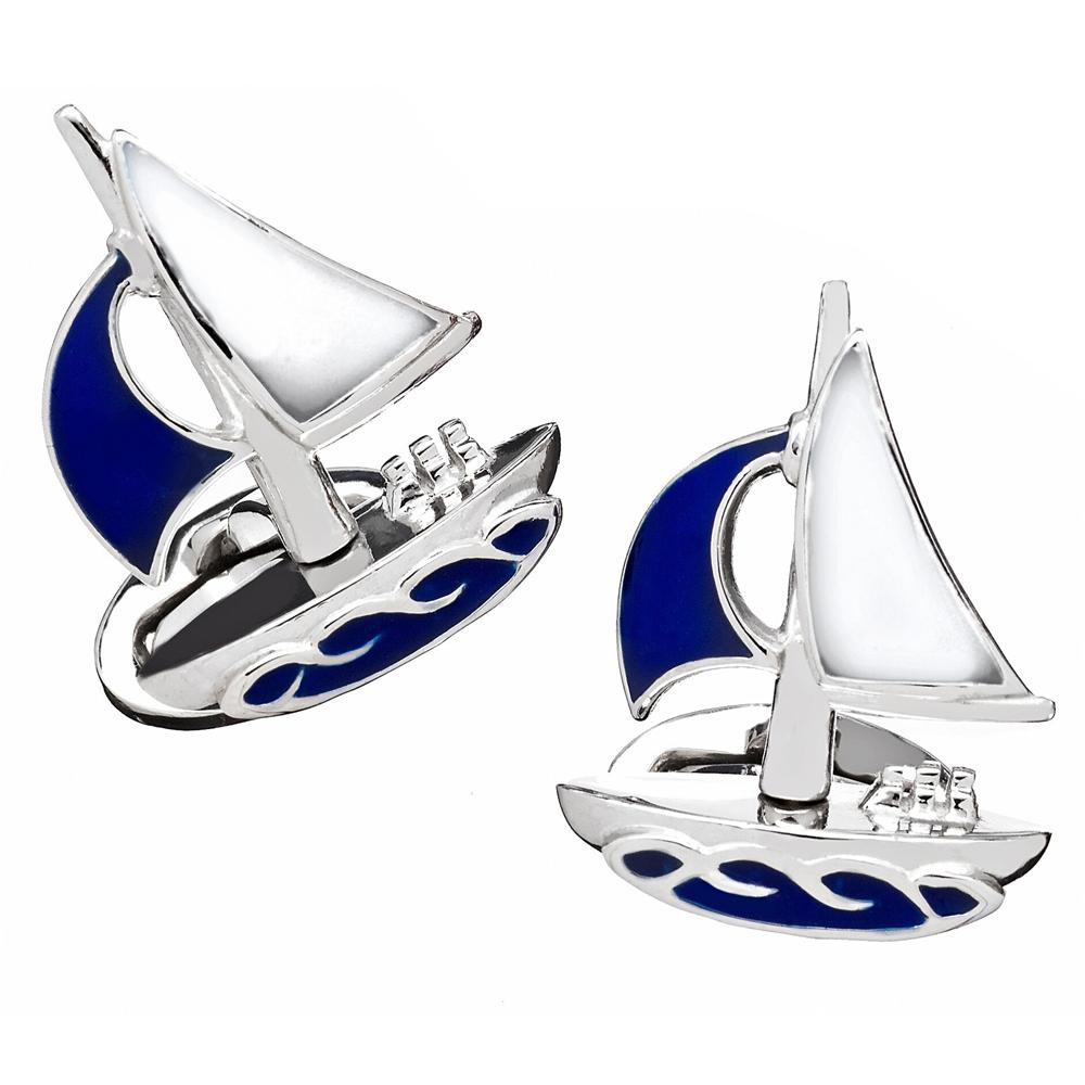 Jan Leslie Moving Sailboat Blue Enamel Sterling Silver Cufflinks