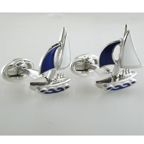 Jan Leslie Moving Sailboat Blue Enamel Sterling Silver Cufflinks