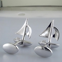 Jan Leslie Moving Sailboat Blue Enamel Sterling Silver Cufflinks