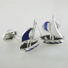 Jan Leslie Moving Sailboat Blue Enamel Sterling Silver Cufflinks