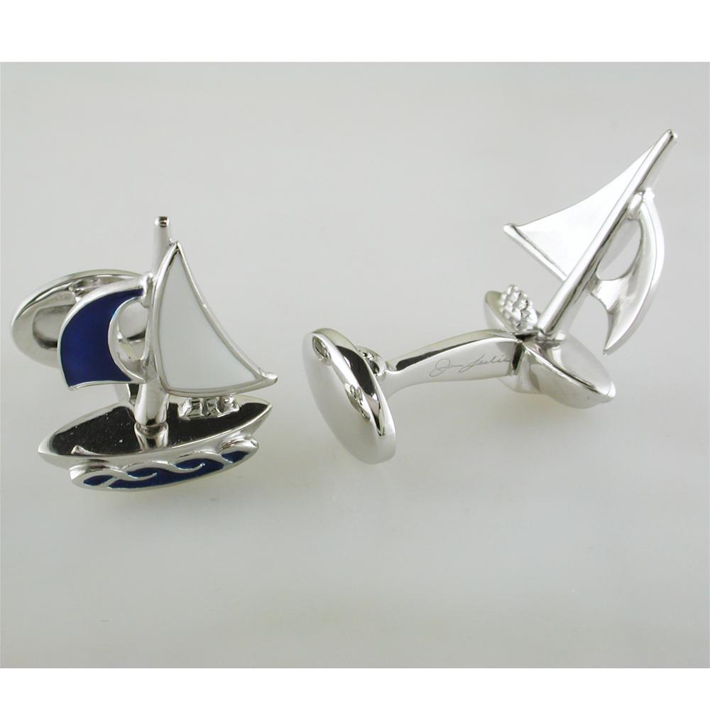 Jan Leslie Moving Sailboat Blue Enamel Sterling Silver Cufflinks