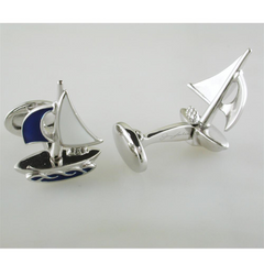 Jan Leslie Moving Sailboat Blue Enamel Sterling Silver Cufflinks