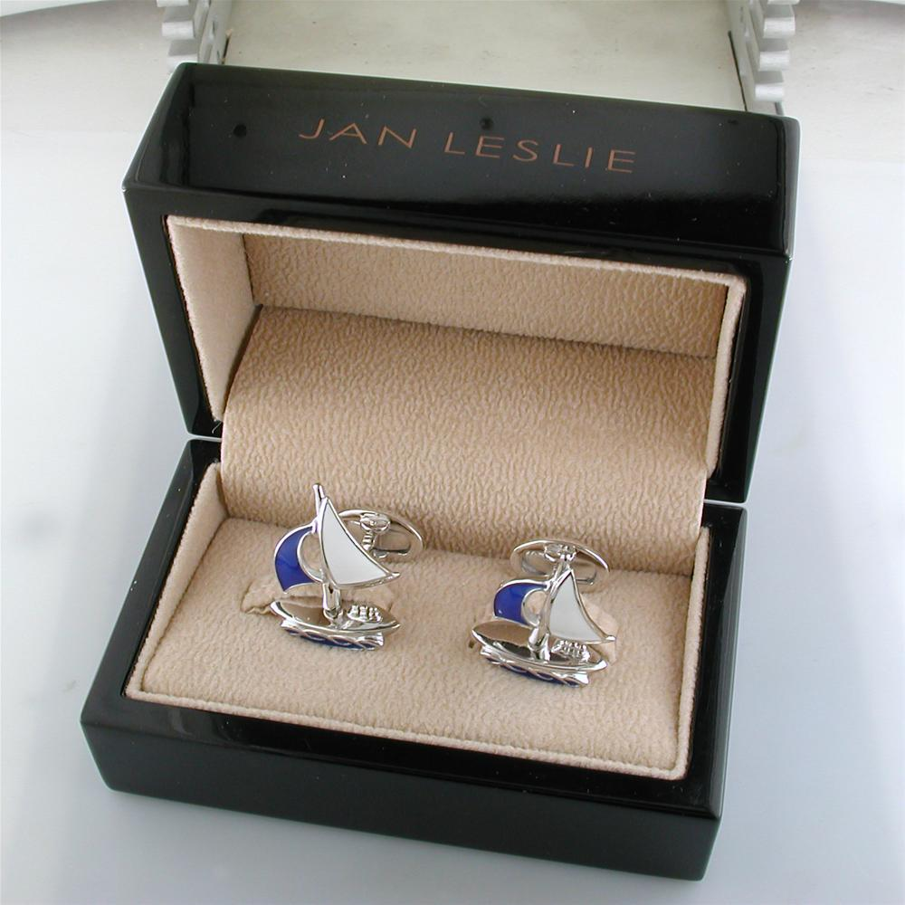 Jan Leslie Moving Sailboat Blue Enamel Sterling Silver Cufflinks