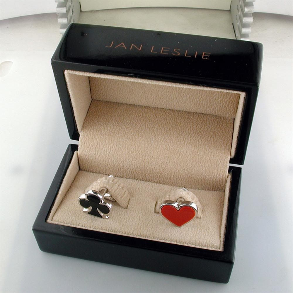 Jan Leslie Onyx and Carnelian Double Sided Card Suit Heart Spade Diamond Clover Cufflinks S030OXRA