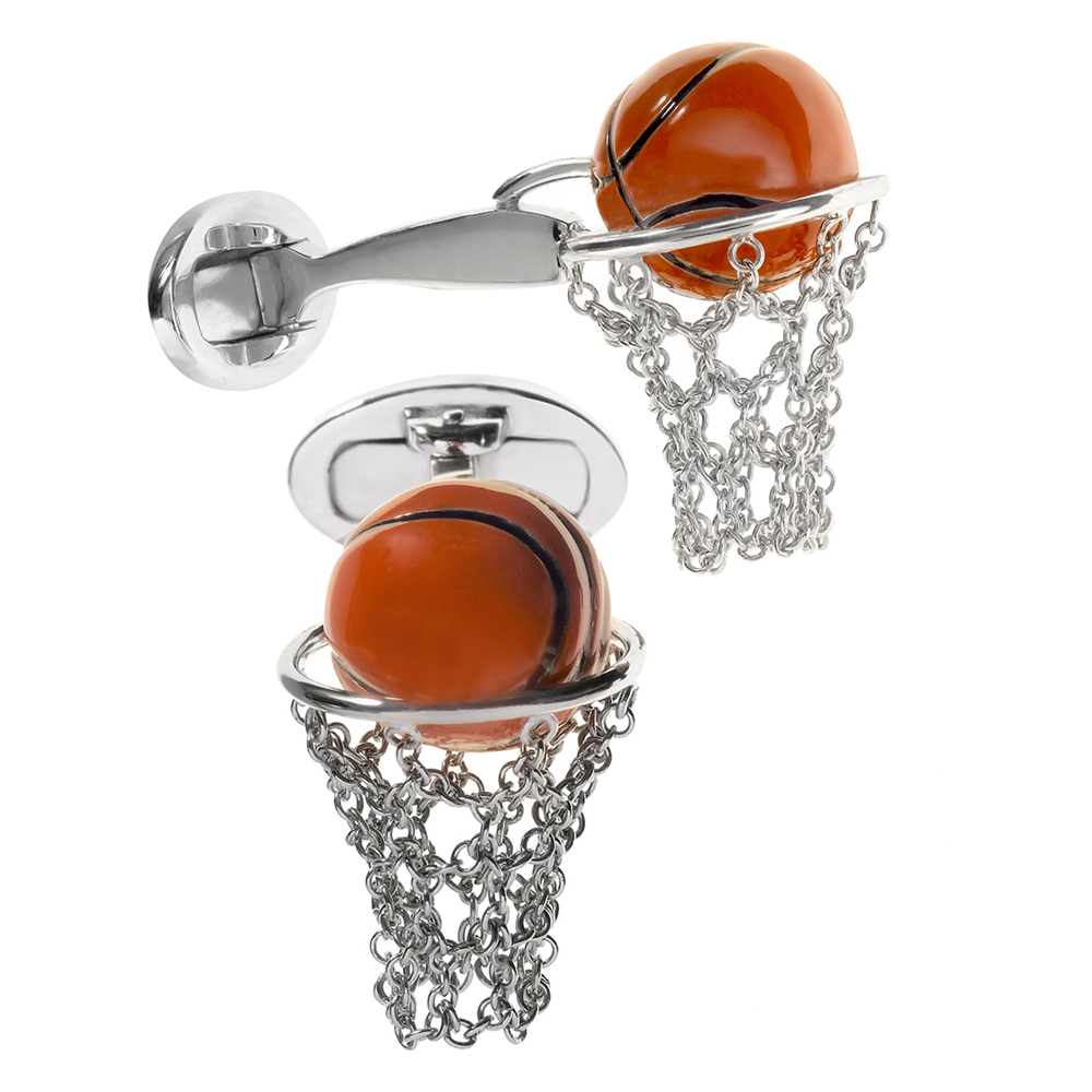 Jan Leslie Basketball Hoop Cufflinks in Sterling Silver & Orange Enamel S054