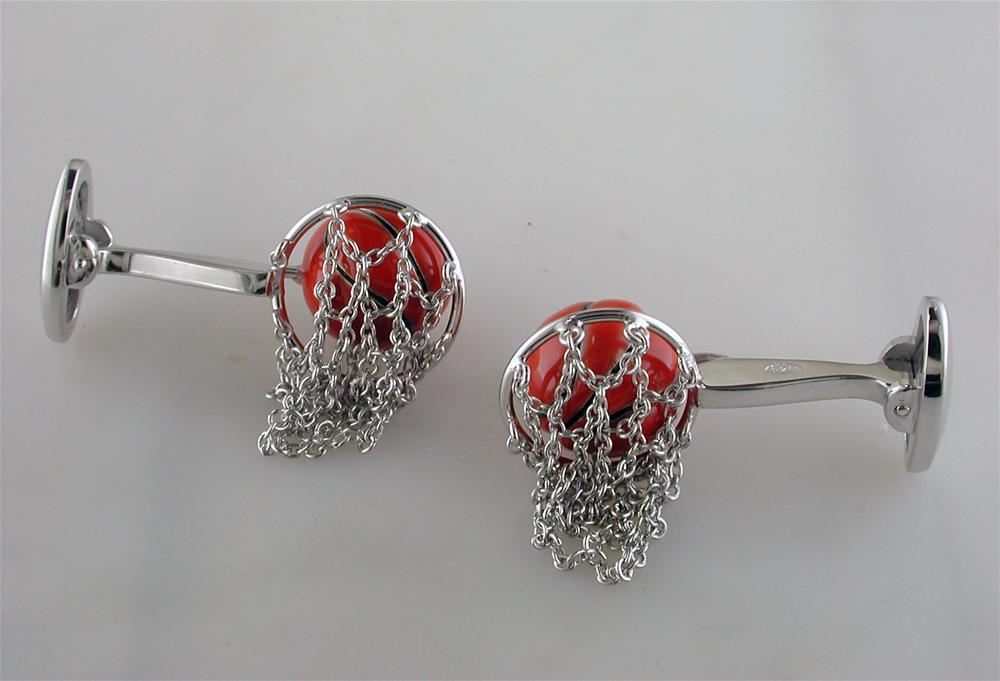 Jan Leslie Basketball Hoop Cufflinks in Sterling Silver & Orange Enamel S054