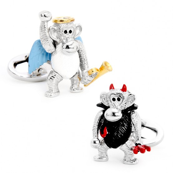 Jan Leslie Moving Monkey Angel & Devil Pitchfork Sterling Silver Cufflinks
