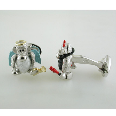 Jan Leslie Moving Monkey Angel & Devil Pitchfork Sterling Silver Cufflinks