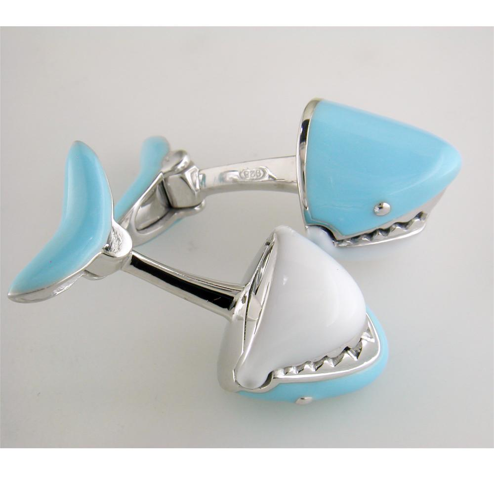 Jan Leslie Moving Blue Shark Jaws Sterling Silver Cufflinks
