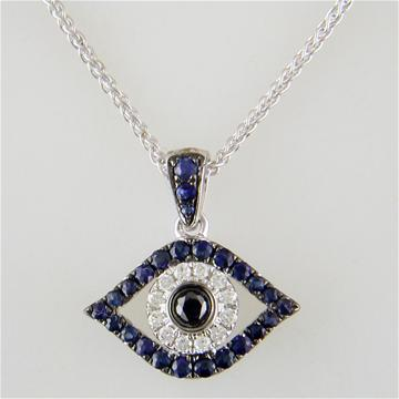 Evil Eye Mati Blue Sapphire, Diamond & Black Diamond Pendant Necklace 18K White Gold