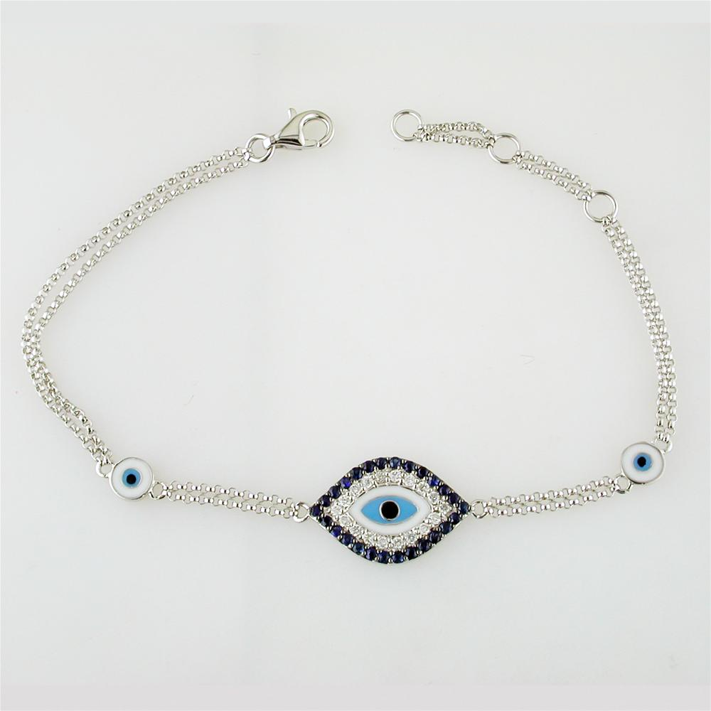 Evil Eye Mati Blue Sapphire & Diamond Diamond 18K White Gold Bracelet with Enamel