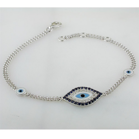 Evil Eye Mati Blue Sapphire & Diamond Diamond 18K White Gold Bracelet with Enamel