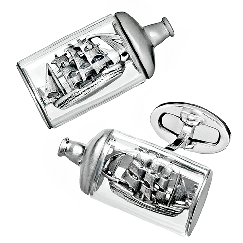 Jan Leslie Pirate Ship in a Bottle Glass & Sterling Silver Cufflinks S2600