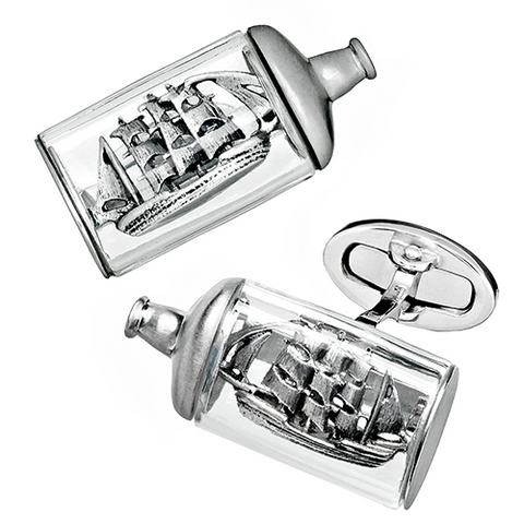 Jan Leslie Pirate Ship in a Bottle Glass & Sterling Silver Cufflinks S2600