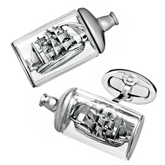 Jan Leslie Pirate Ship in a Bottle Glass & Sterling Silver Cufflinks S2600