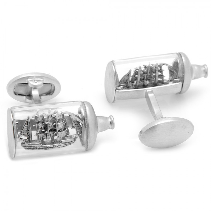 Jan Leslie Pirate Ship in a Bottle Glass & Sterling Silver Cufflinks S2600