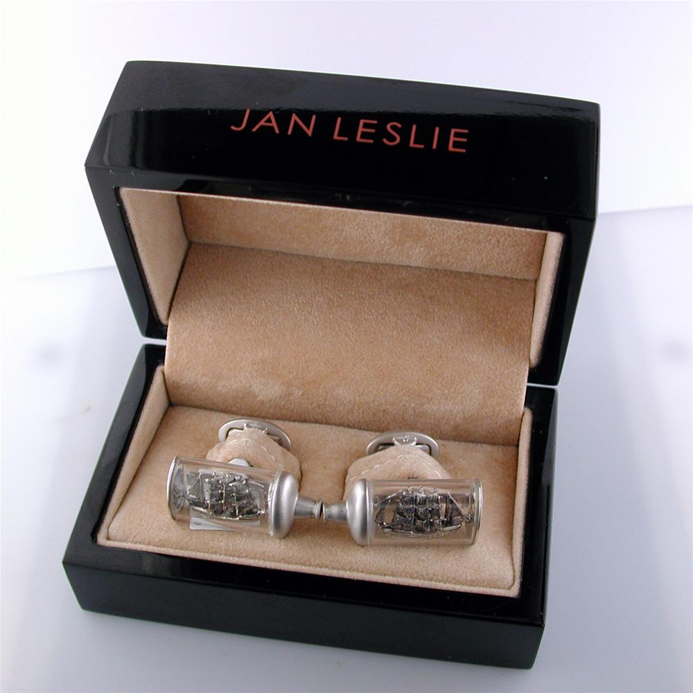 Jan Leslie Pirate Ship in a Bottle Glass & Sterling Silver Cufflinks S2600